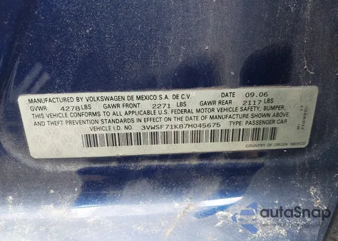 2007 Volkswagen Jetta 2.5 from USA, damaged, VIN 3VWSF71K87M045675